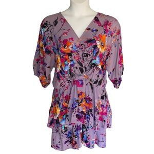 Umgee Floral Tiered Surplice Dress Womens Plus Size 2X Purple Gray Cottagecore